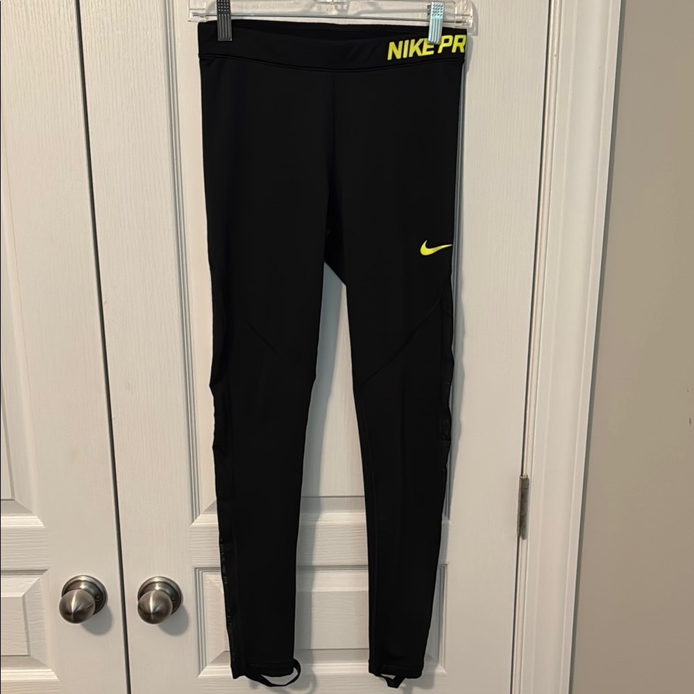 Nike Pro Hyperwarm Women’s Medium Black Leggings with Neon Yellow Accents